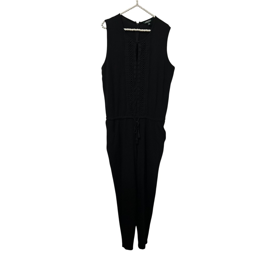 Lauren Ralph Lauren Black Crochet Lace Sleeveless Jumpsuit XL Tapered Leg Pocket